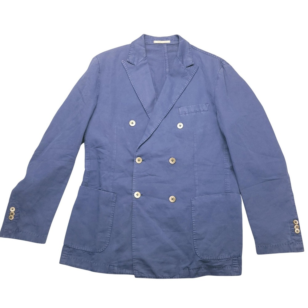 Montedoro Blazer Mens EU 54R Blue Linen Double Breasted Sport Coat Made In Italy